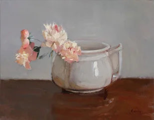 Pink Peonies in Gray Vase