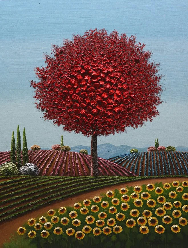 Rolling Fields Beneath the Red Bloom