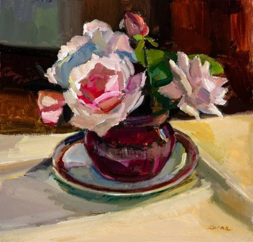 Pink Roses in Raspberry Glass